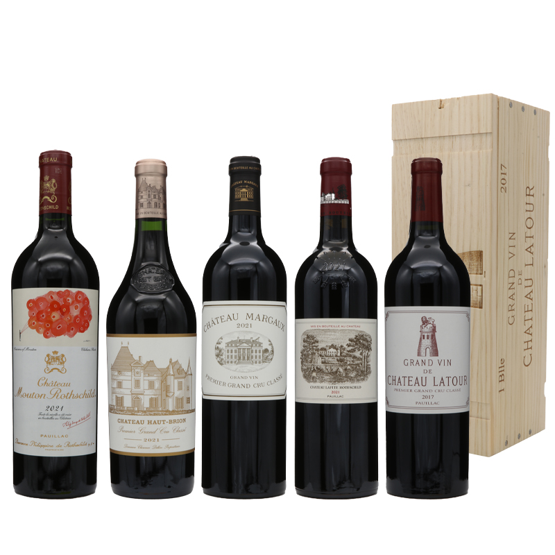 (ボルドー5大シャトーセット J ) シャトーラトゥール(1本木箱入り)2017・ シャトーマルゴー2021・ シャトーオーブリオン2021・ シャトームートンロートシルト2021・ シャトーラフィットロートシルト2021